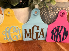 Load image into Gallery viewer, Custom Logo/Initials Cattle Ear Tag Ornament, Set of 5, Many Colors, Once Purchased ~ We'll email you regarding logo or initials &amp; colors
